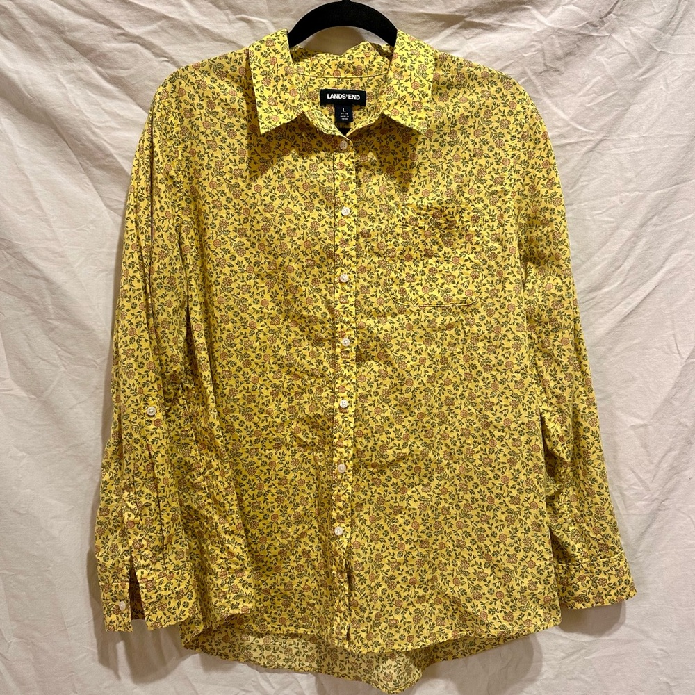 Lands End Vintage Yellow / Pink Floral Button Down Blouse | Size Large
